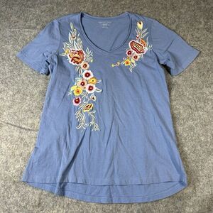 Karyn Seo Shirt Womens Medium Embroidered Floral Cotton V-Neck Tee Flaw
